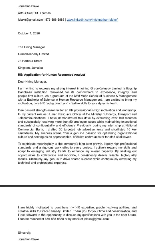 Johnathan Blake Cover Letter Example